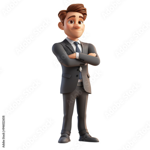 3D Cartoon Businessman with Arms Crossed Isolated on Transparent or White Background, PNG