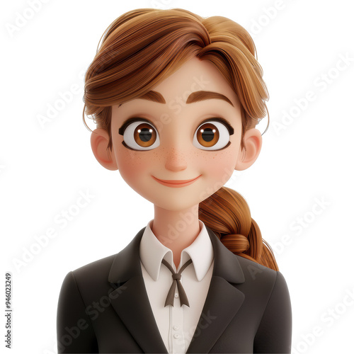 3D Cartoon Character Smiling Businesswoman Portrait Isolated on Transparent or White Background, PNG