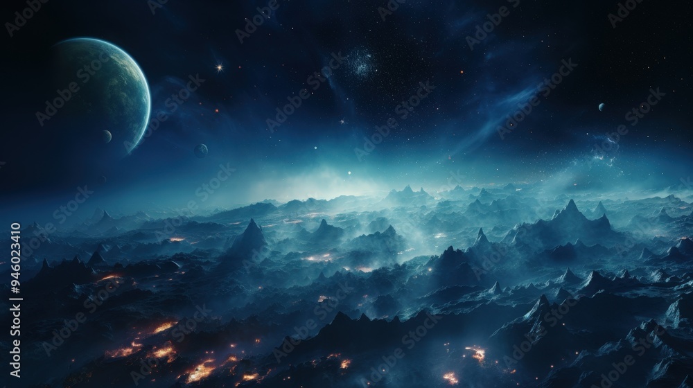 A Distant Planet With Mountains and Stars A Distant Planet With Mountains and Stars