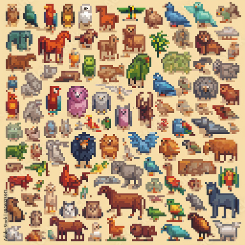 Photography A colorful collage of pixel-art animals featuring various birds, mammals, and insects