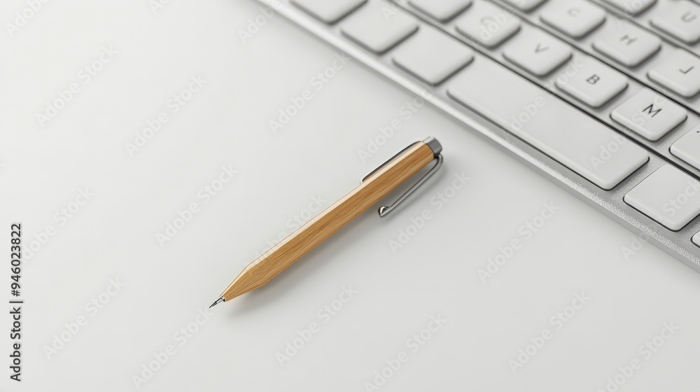 A wooden pencil and a silver pen resting beside a computer keyboard on a clean workspace. A wooden pencil and a silver pen resting beside a computer keyboard on a clean workspace.