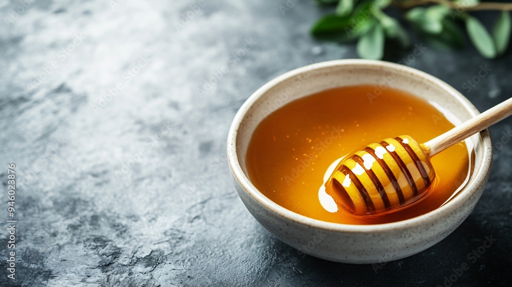 Sweet Honey in Bowl with Dipper on Textured Grey Table Sweet Honey in Bowl with Dipper on Textured Grey Table