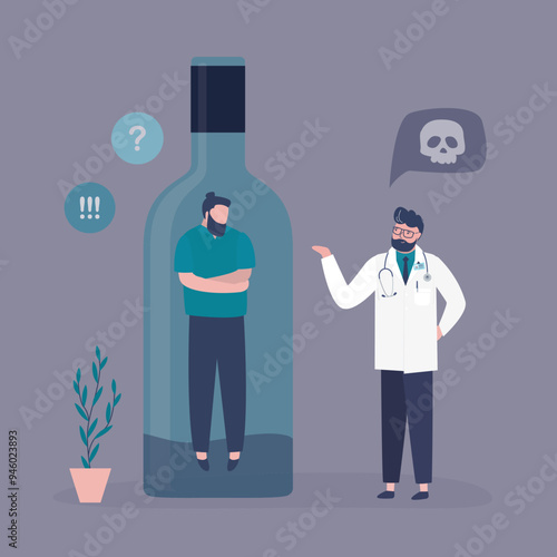 Alcoholic sits inside bottle. Specialist provide help for people with addictions. Doctor treat alcohol addiction. Narcologist talking with addicted man. Treatment for patient.