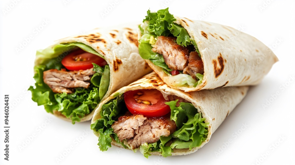 Delicious Meat Tortilla Wrap Isolated on White Background Delicious Meat Tortilla Wrap Isolated on White Background