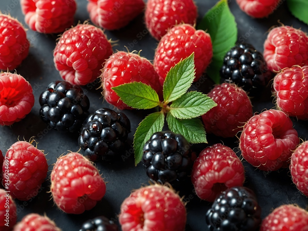 Fresh raspberries and blackberries with leaves on a light background, perfect for high-quality photo display Fresh raspberries and blackberries with leaves on a light background, perfect for high-quality photo display