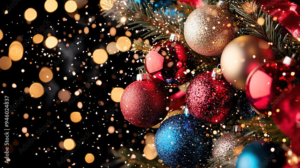 A photo of Christmas ornaments up close on a tree, with a slightly blurred background of lights and confetti A photo of Christmas ornaments up close on a tree, with a slightly blurred background of lights and confetti