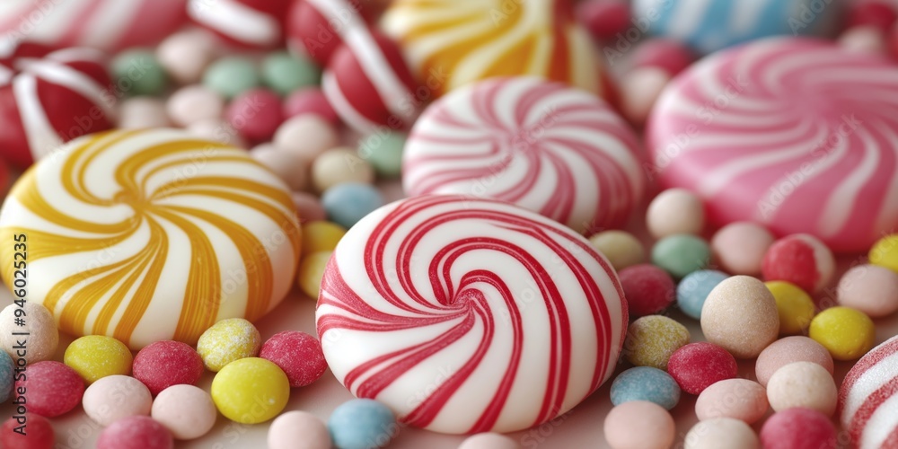 A variety of swirl-patterned hard candies and small round sweets spread on a light pink surface. A variety of swirl-patterned hard candies and small round sweets spread on a light pink surface.