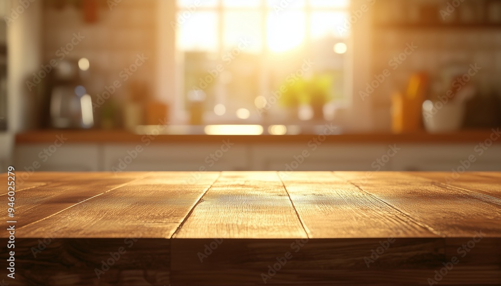 Brown wooden table kitchen counter display copy space with blurred light background Brown wooden table kitchen counter display copy space with blurred light background