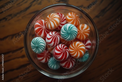 A glass bowl containing peppermint candies with spiral patterns in red, orange, and green against a wooden backdrop. photo