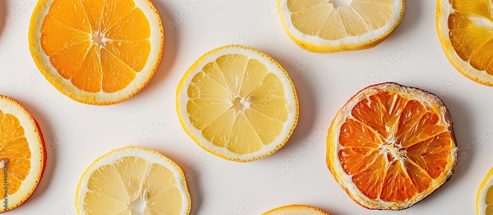Flat lay featuring slices of orange and lemon on a white background. Copy space image. Place for adding text and design Flat lay featuring slices of orange and lemon on a white background. Copy space image. Place for adding text and design