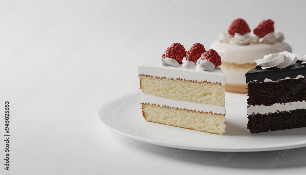 Cake slice with cream in white plate copy space background Cake slice with cream in white plate copy space background