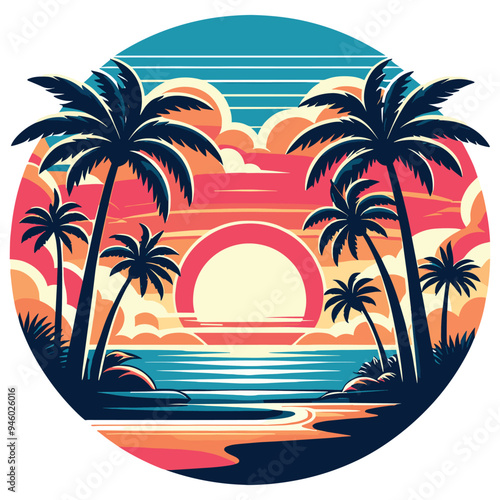 Retro tropical sunset illustration with palm trees in vibrant colors, perfect for summer posters