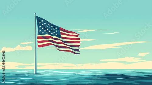 American Flag Waving Over Ocean