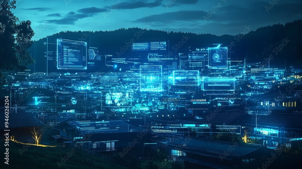Futuristic Cityscape with Digital Overlays at Night Futuristic Cityscape with Digital Overlays at Night