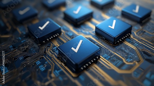 Checkmark buttons appear on a futuristic circuit board, marking steps forward in technological progress. photo