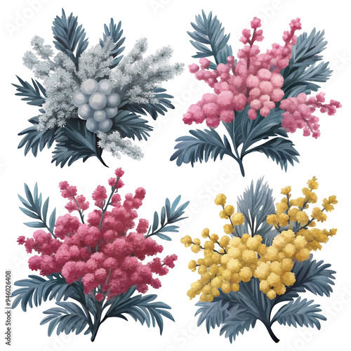 Watercolor Paintings of Mimosa Flower Arrangements with Color Variations
