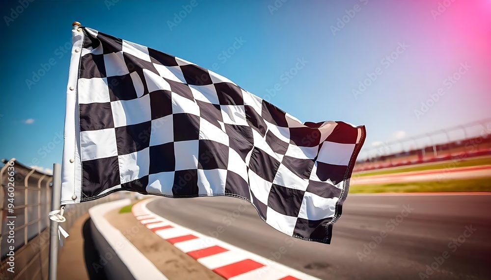 checkered racing flag waving in the wind on a racetrack with a clear ...