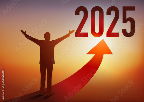 Carte de vœux 2025 montrant un homme d’affaires ouvrant les bras devant une flèche rouge en direction d’un horizon ensoleillé, symbole d’espoir et de réussite.
