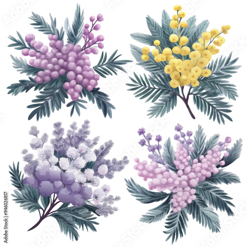 Watercolor Floral Arrangements Featuring Mimosa Branches with Yellow, Pink, and Purple Blossoms