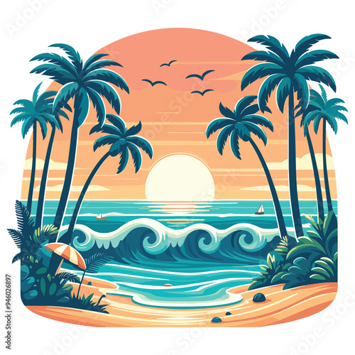 Retro tropical beach sunset illustration orange and teal vector, perfect for summer posters