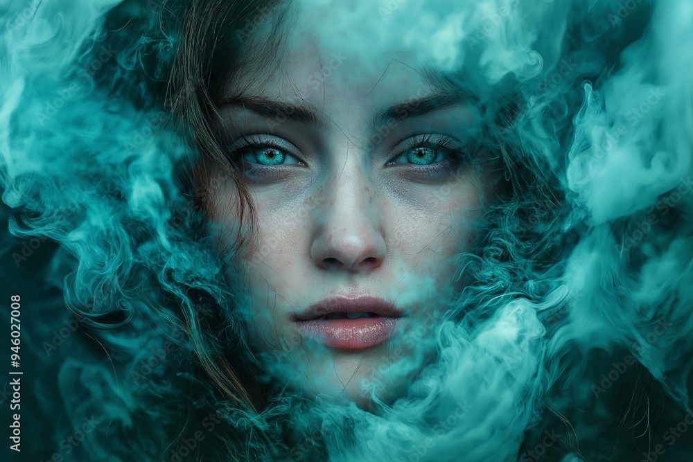 Close-up of young woman's face surrounded by swirling blue smoke, creating a mysterious and ethereal atmosphere. Close-up of young woman's face surrounded by swirling blue smoke, creating a mysterious and ethereal atmosphere.