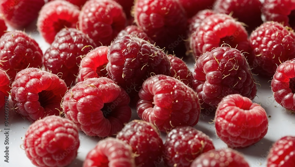 Fresh raspberries scattered on a white background, offering a high-quality photo opportunity Fresh raspberries scattered on a white background, offering a high-quality photo opportunity