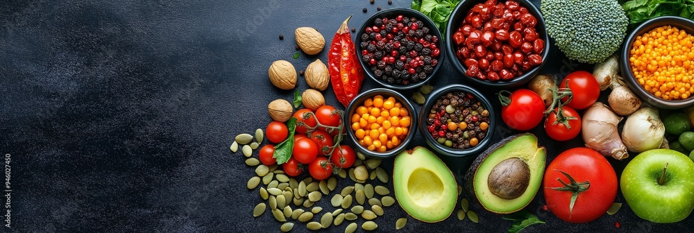 A vibrant and colorful array of fresh vegetables, herbs, and spices beautifully displayed on a dark rustic table. A vibrant and colorful array of fresh vegetables, herbs, and spices beautifully displayed on a dark rustic table.