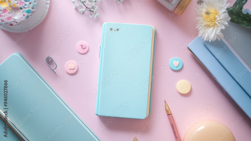 Pastel Blue Notebook on Pink Background with Decorative Elements Pastel Blue Notebook on Pink Background with Decorative Elements