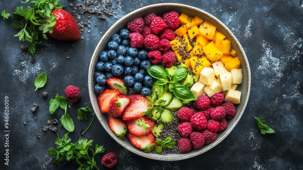 Delicious Fruit Salad with Chia Seeds in Bowl Delicious Fruit Salad with Chia Seeds in Bowl
