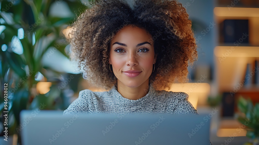 A confident businesswoman focuses on her laptop at her desk, immersed in her work. A confident businesswoman focuses on her laptop at her desk, immersed in her work.