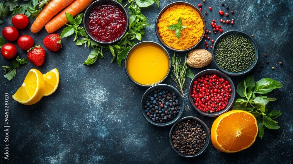Fresh Ingredients and Spices in Bowls on Dark Background Fresh Ingredients and Spices in Bowls on Dark Background