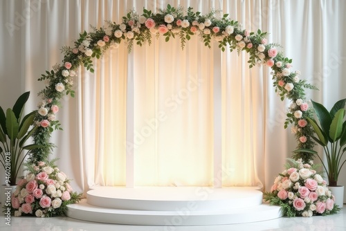 White Floral Archway with Circular Platform and Draped Curtains