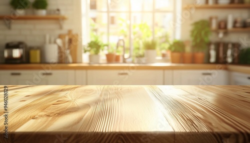 Brown wooden table kitchen counter display copy space with blurred light background photo