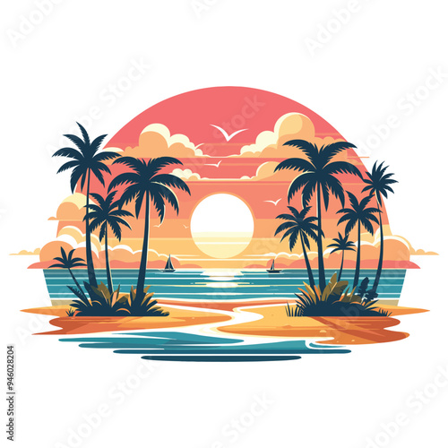 Tropical beach sunset, vector illustration, colorful, perfect for summer-themed designs