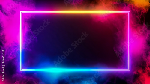 Abstract neon frame with glowing light and colorful rectangular border