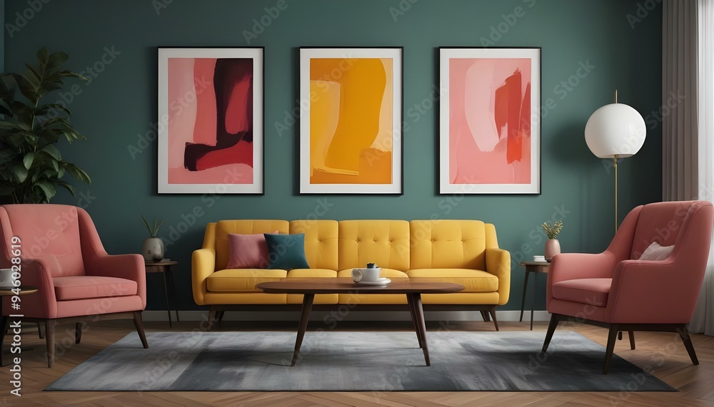 digital painting, A modern living room with a yellow sofa, a wooden coffee table, and three framed abstract paintings on the wall. digital painting, A modern living room with a yellow sofa, a wooden coffee table, and three framed abstract paintings on the wall.