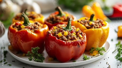 Delicious Stuffed Peppers on White Table Close-Up