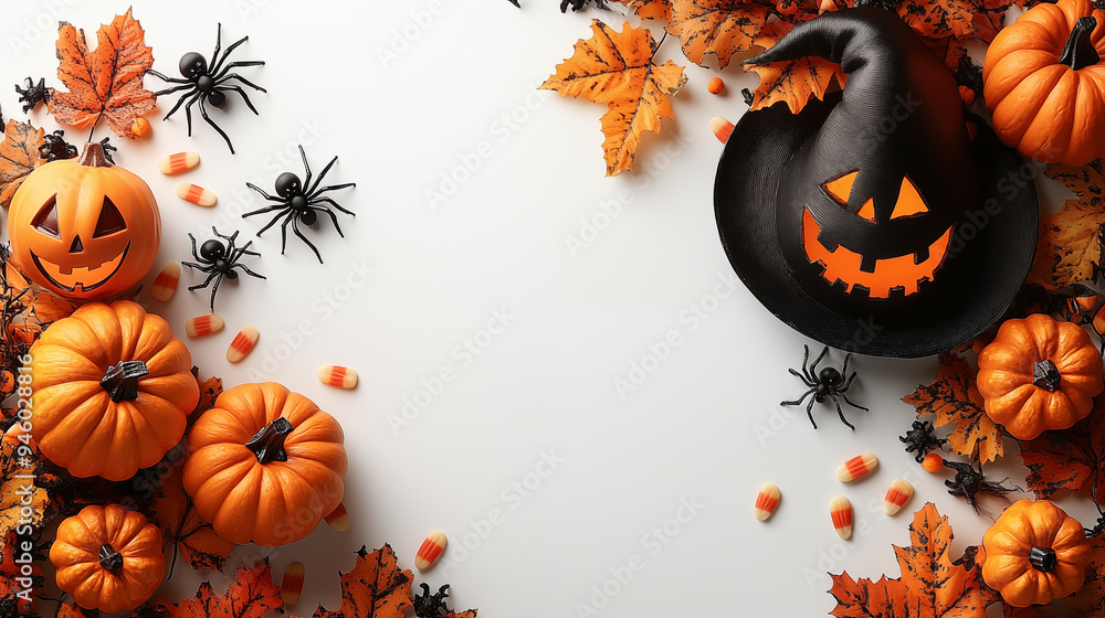 Halloween background with pumpkins, spiders and autumn leaves on white background Halloween background with pumpkins, spiders and autumn leaves on white background