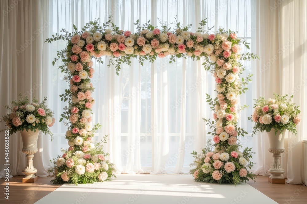 Floral Archway with White Curtains and Vases Floral Archway with White Curtains and Vases