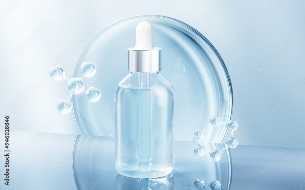 Cosmetics liquid bottle with skin care concept, 3d rendering. Cosmetics liquid bottle with skin care concept, 3d rendering.