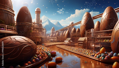 Chocolate factory in fantasy world, giant easter egg factory, digital illustration, Generative AI