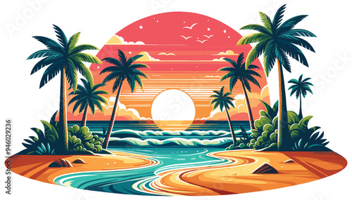 Tropical beach sunset illustration, vibrant vector scene with palm trees, ideal for travel ads