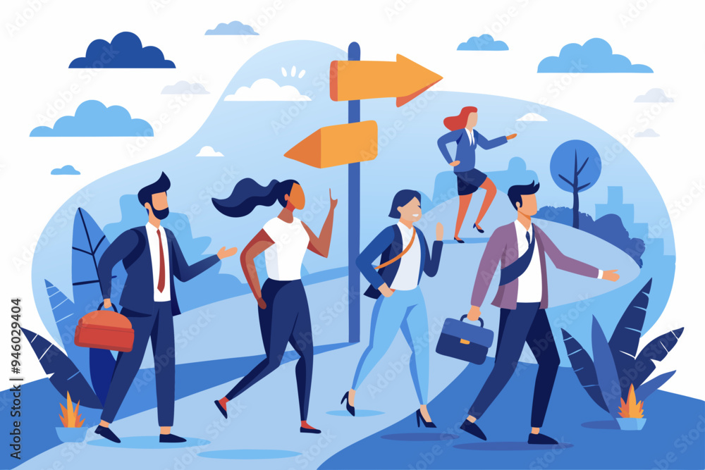 Right direction to success, strategy or plan to go in correct path, challenge or leadership to guide career path, new opportunity concept, business people walk to the right direction with signpost
Right direction to success, strategy or plan to go in correct path, challenge or leadership to guide career path, new opportunity concept, business people walk to the right direction with signpost