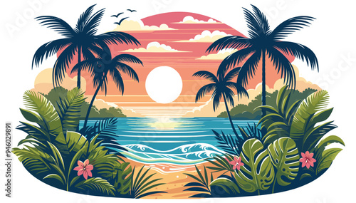 Tropical beach scene vector illustration, vibrant sunset, vector art, summer holiday banner