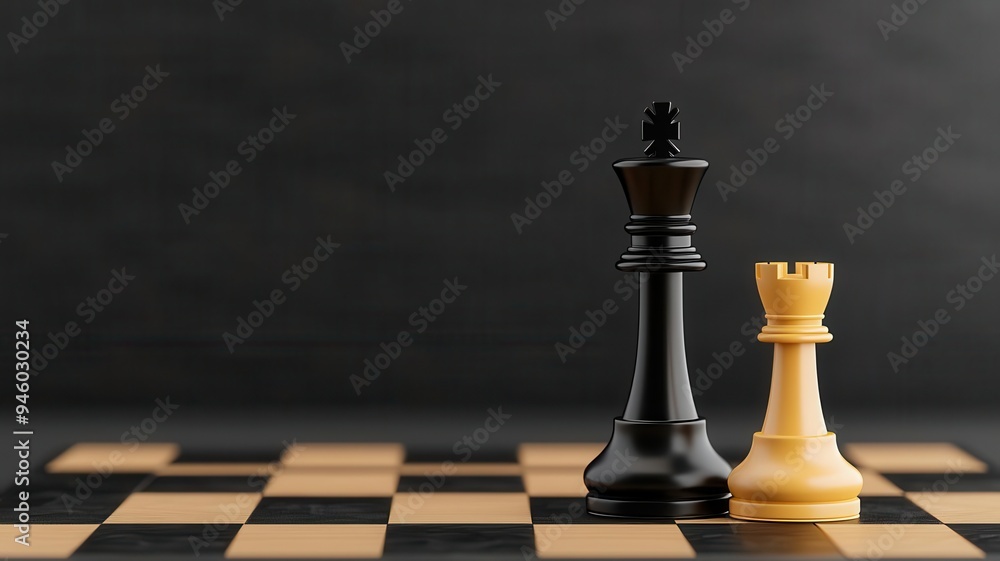 Business icons on a chessboard, strategy execution, 3D illustration Business icons on a chessboard, strategy execution, 3D illustration