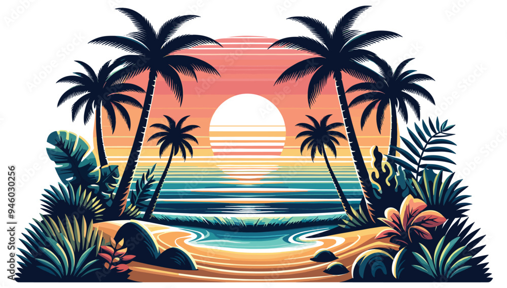 Obraz premium Tropical beach sunset vector illustration, colorful and vibrant, summer holiday design