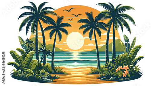 Tropical beach sunset illustration, orange and green, vector design, perfect for vacation posters**