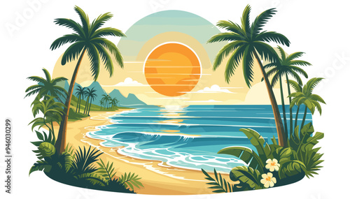 Tropical beach sunset illustration with palm trees and ocean waves, vector art for travel ads