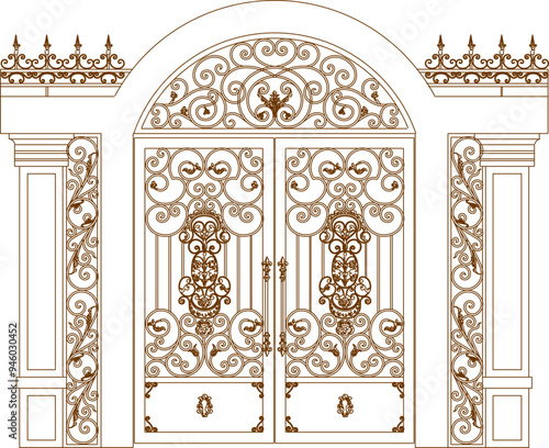 Vector sketch, silhouette illustration, architectural engineering drawing design, vintage classic iron fence gate construction