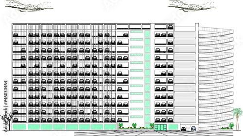 Vector sketch, silhouette illustration, architectural engineering drawing design, parking multi-storey mall building construction